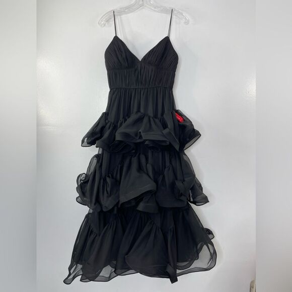Mac Duggal 68411 Tiered Ruffled Tulle Organza Midi V-neck Dress, Black, Size 2 - Picture 2 of 9
